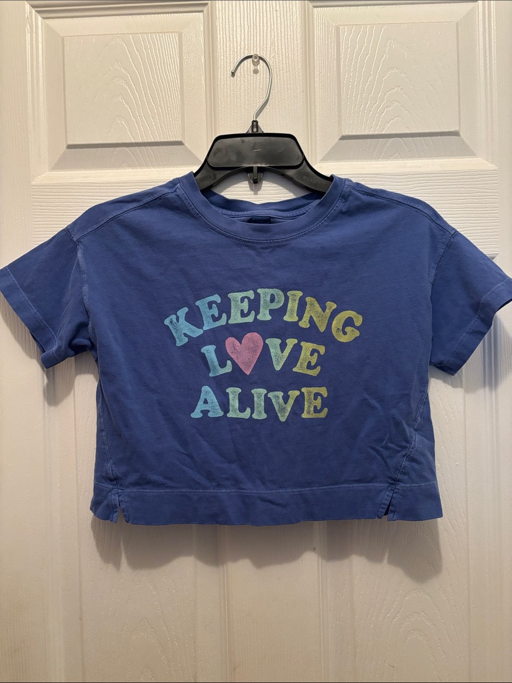 Old Navy Blue Crop Tee with Multicolor "Keeping Love Alive" Graphic